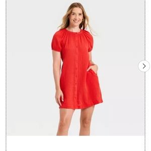 Universal Thread Red Button-Front Mini Dress with Puff Sleeves